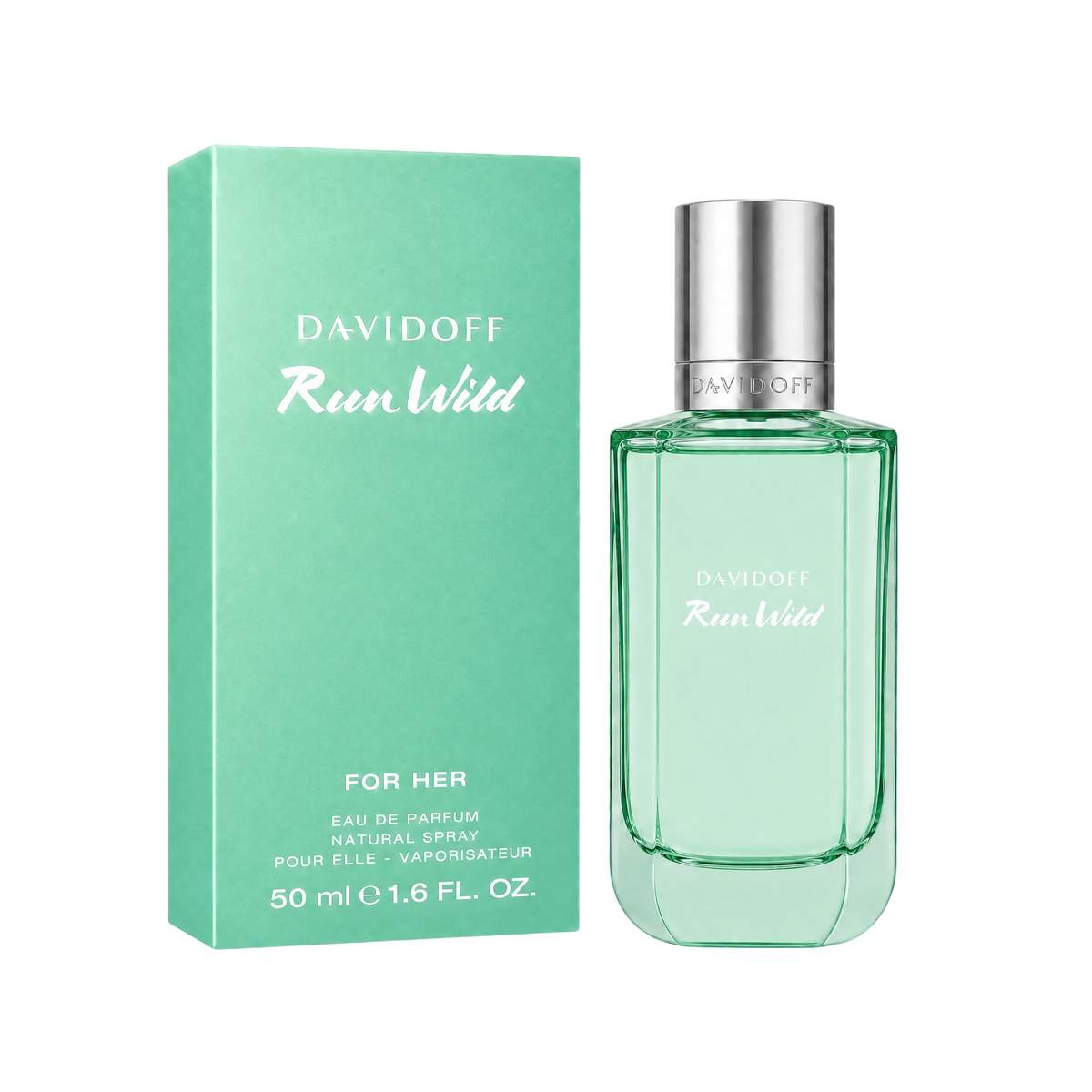 Davidoff Run Wild for Her Eau de Parfum 50 ml im mintgrünen Glasflakon mit silbernem Verschluss.
