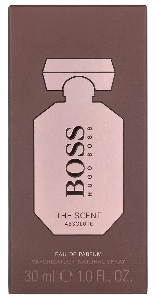 Roséfarbene Verpackung von Hugo Boss The Scent Absolute Eau de Parfum 30 ml vor braunem Hintergrund.