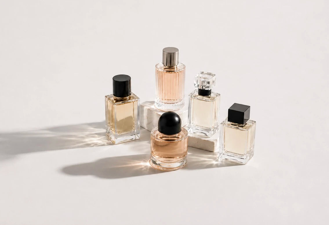 Mehrere elegante Parfumflakons auf hellem Hintergrund