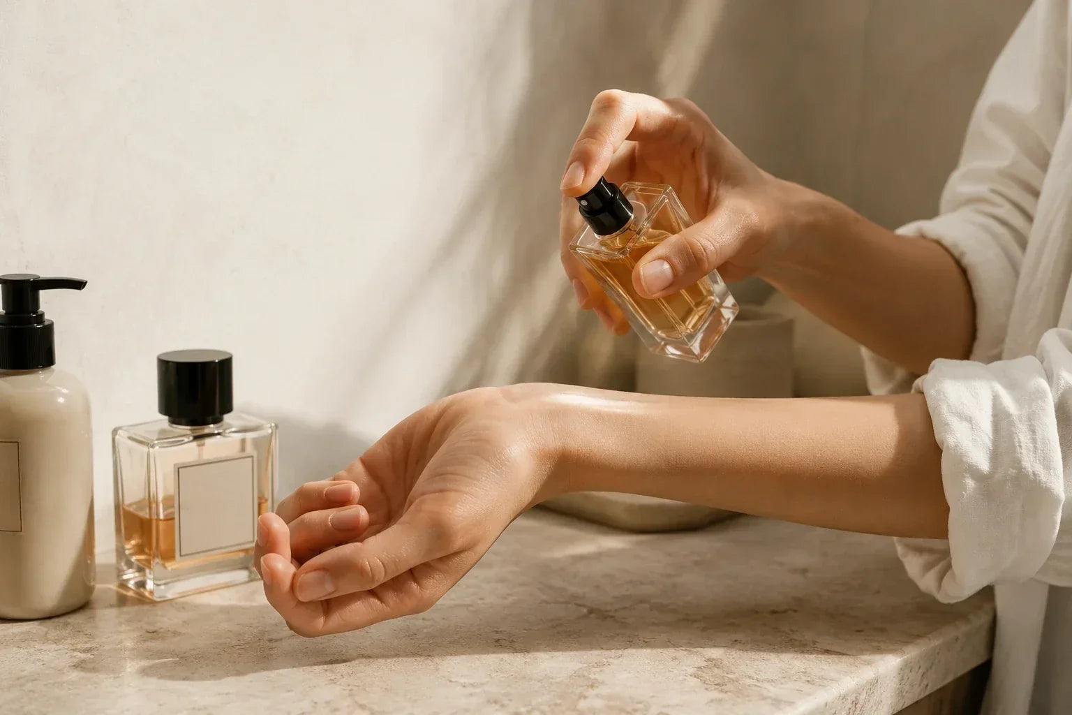 Parfum wird auf das Handgelenk aufgetragen