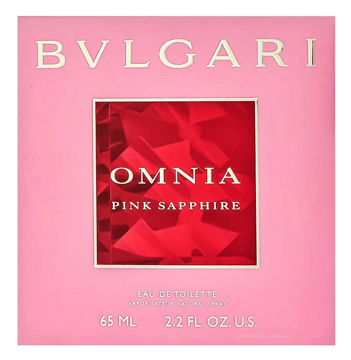 Bvlgari-Omnia-Pink-Sapphire-pinke-Verpackung-mit-roter-quatratische-Schrift-in-der-Mitte-das-Logo-ist-oben