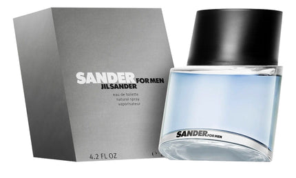 Jil-Sander-Sander-for-men-Duft-Verpackung-in-grau-und-zeitlos-eleganter-Flakon-des Duftes-mit-einem-schwarzen-Deckel