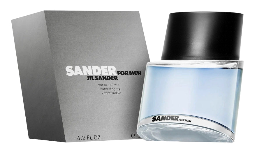 Jil-Sander-Sander-for-men-Duft-Verpackung-in-grau-und-zeitlos-eleganter-Flakon-des Duftes-mit-einem-schwarzen-Deckel