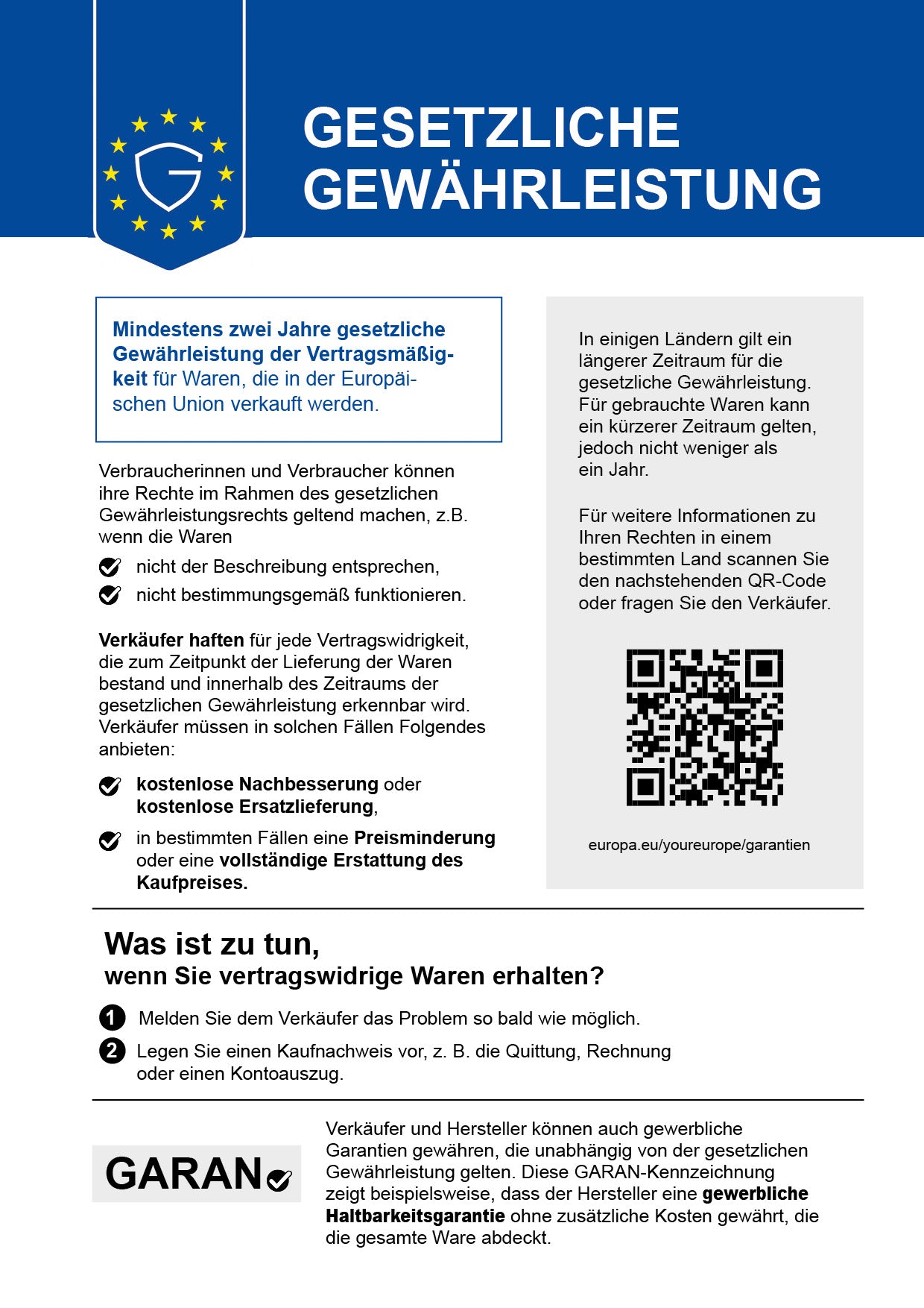 Gesetzliche Gewährleistung – vollständiger EU-Hinweis zu Ihren Rechten bei mangelhaften Waren