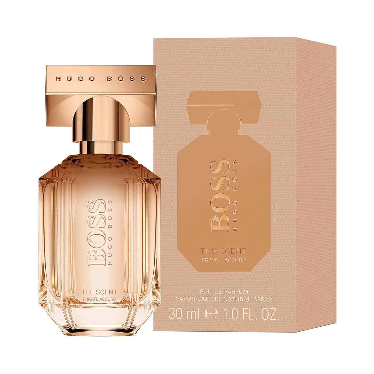Roségoldfarbener Parfumflakon von Hugo Boss The Scent Private Accord neben passender Verpackung in Beige-Rosé.
30 ml