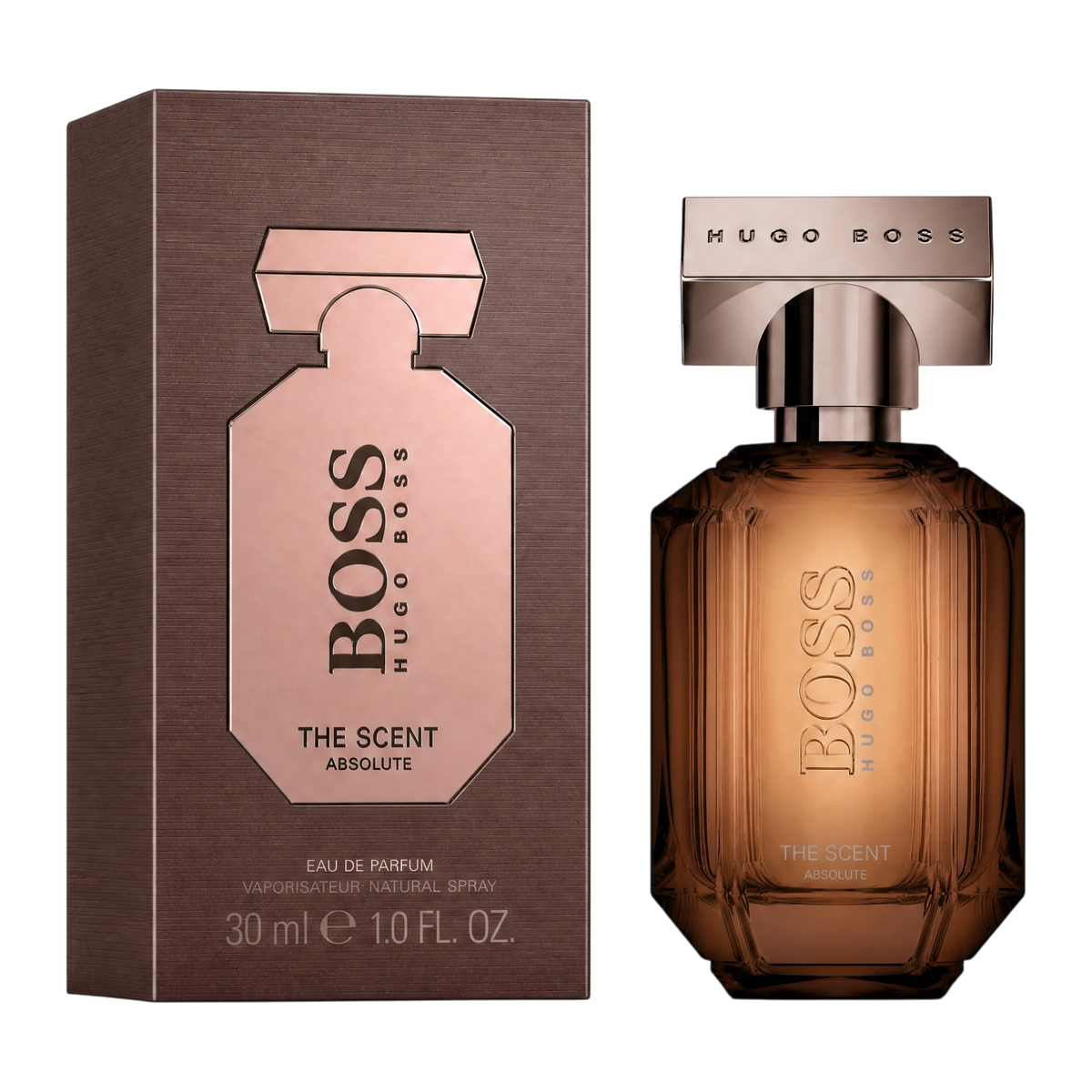 Hugo Boss The Scent Absolute Eau de Parfum 30 ml – Verpackung links und brauner Glasflakon rechts.