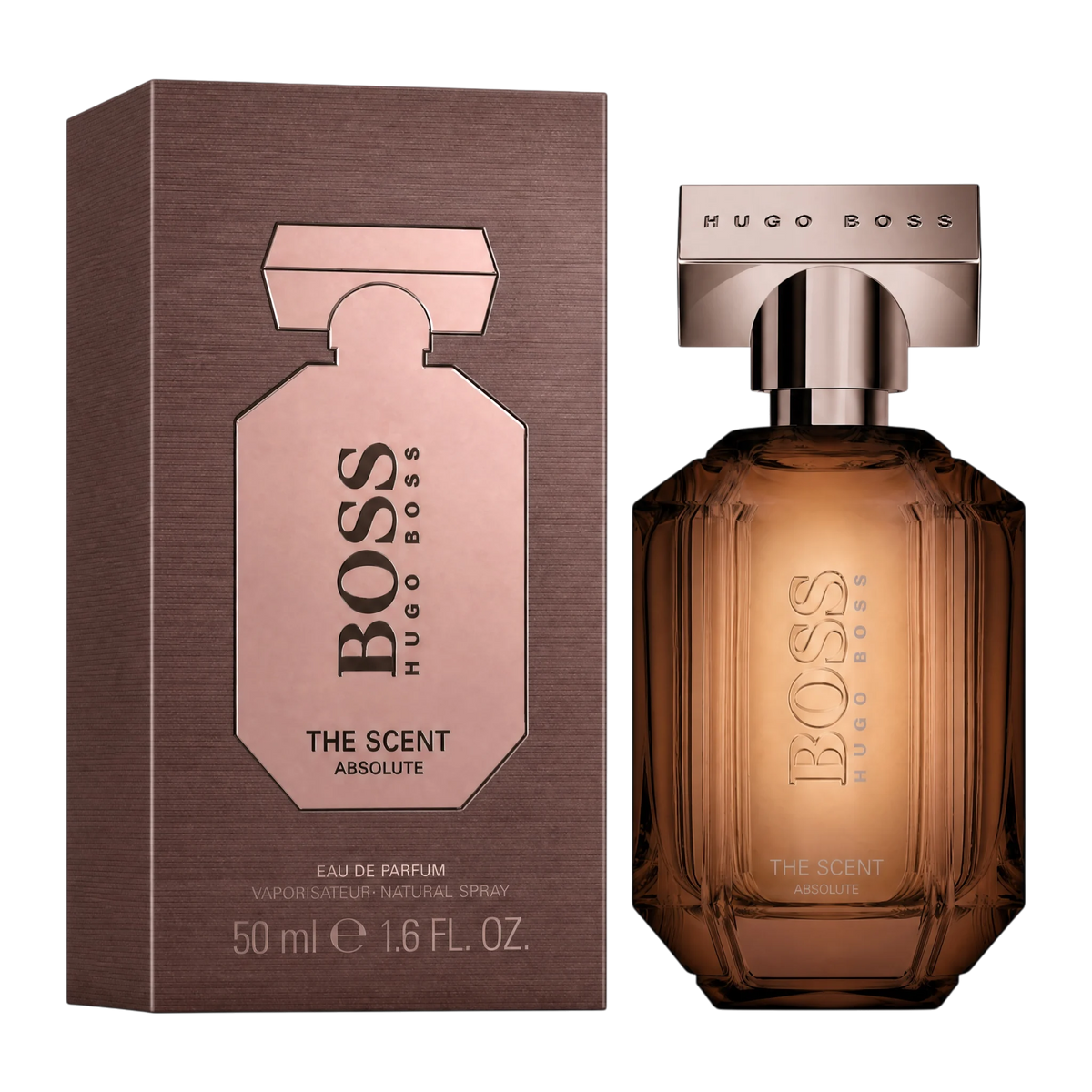 Hugo Boss The Scent Absolute Eau de Parfum 50 ml – Verpackung links und brauner Glasflakon rechts.